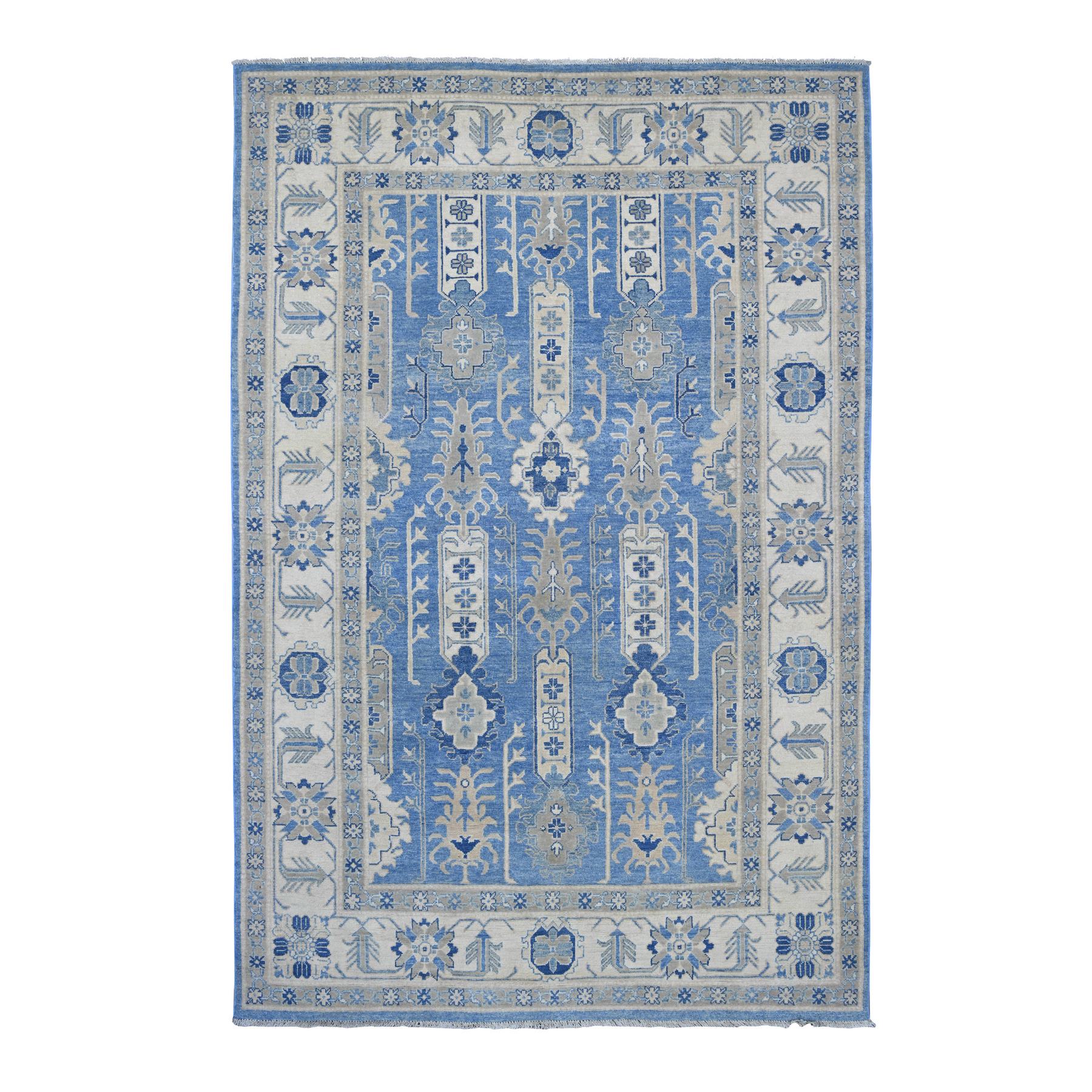 5'8"x9' Carolina Blue, Vintage Look Kazak with Geometric Leaf Design, 100% Wool, Hand Knotted, Natural Dyes, Oriental Rug 